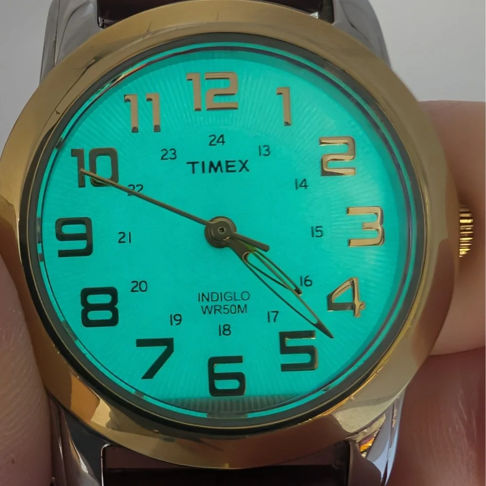 Timex Indiglo Two-Tone Women's Watch Radial Textured Dial Brown Leather 28mm
